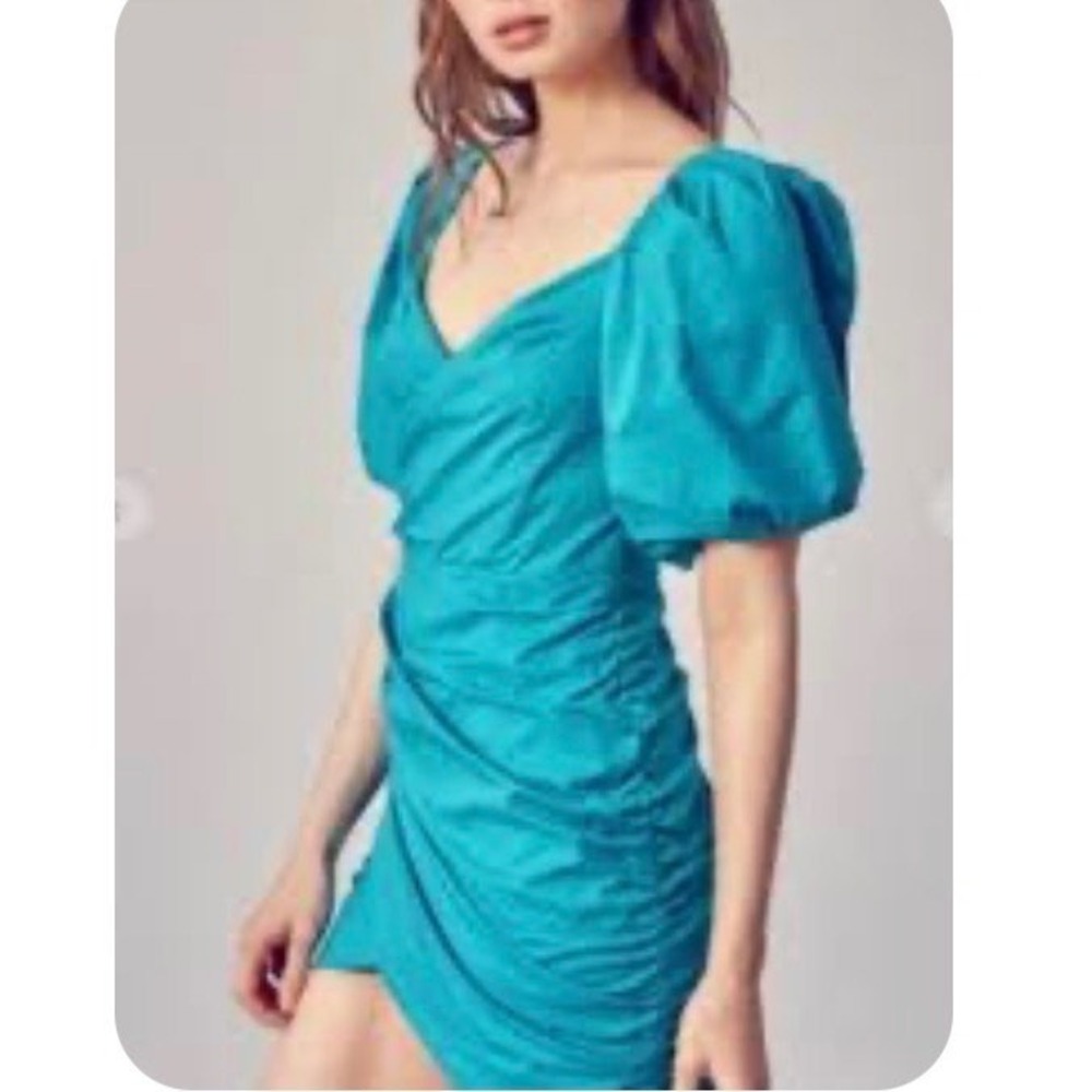 DO+BE Teal Ruched Puff Sleeve Mini Dress Surplice V-Neck Wrap Style Small NWT
